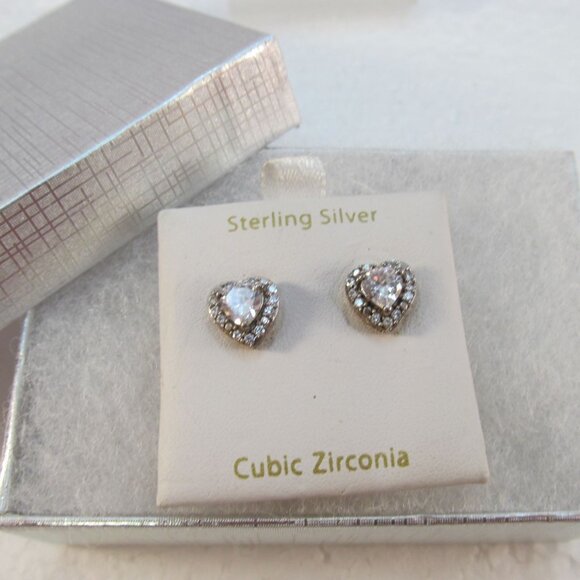 Cubic Zirconia Sterling Silver Heart Pierced Earrings - Picture 14 of 15